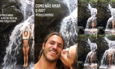 Isabella Santoni curte dia em cachoeira com o namorado Caio Vaz