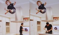 Julio Rocha diverte os fãs ao postar vídeo do filho "voando" enquanto ele cuida da casa