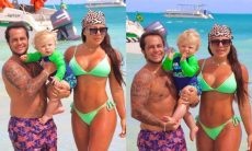 Thammy Miranda aparece curtindo praia paradisíaca com a mulher e filho