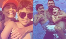 Juliana Paes posa com o marido e os filhos curtindo e se refrescando na piscina