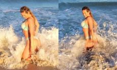 Lívia Andrade posa curtindo banho de mar mas revela: "temperatura era de 5°C"