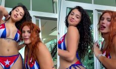 Bella Thorne faz dancinha com a amiga usando biquíni com a bandeira de Cuba