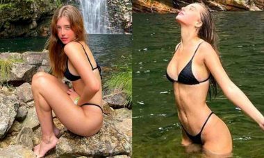 Duda Reis posa em cachoeira durante viagem na Chapada dos Veadeiros