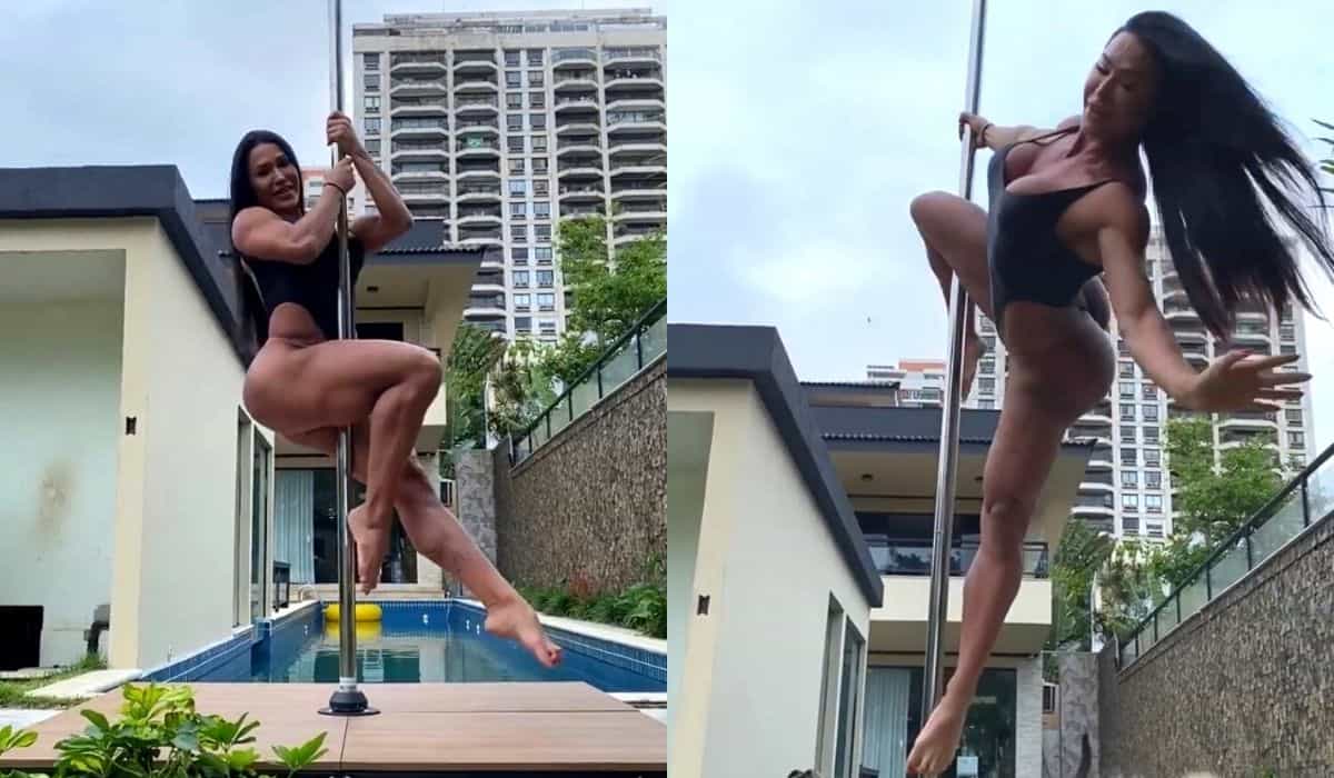 Gracyanne Barbosa exibe habilidade no pole dance ao ar livre