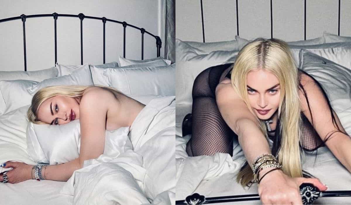 Madonna chama atenção da web ao posar de topless e meia arrastão