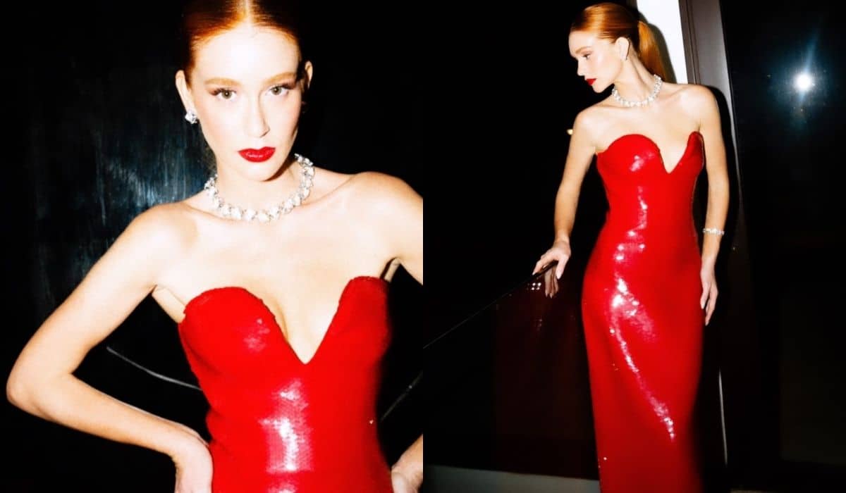 Marina Ruy Barbosa encanta ao posar de vestido vermelho em jantar
