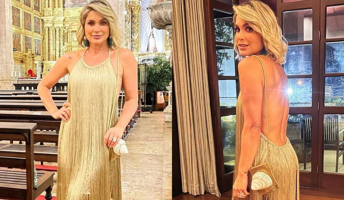 Flávia Alessandra encanta com vestido dourado em casamento de luxo