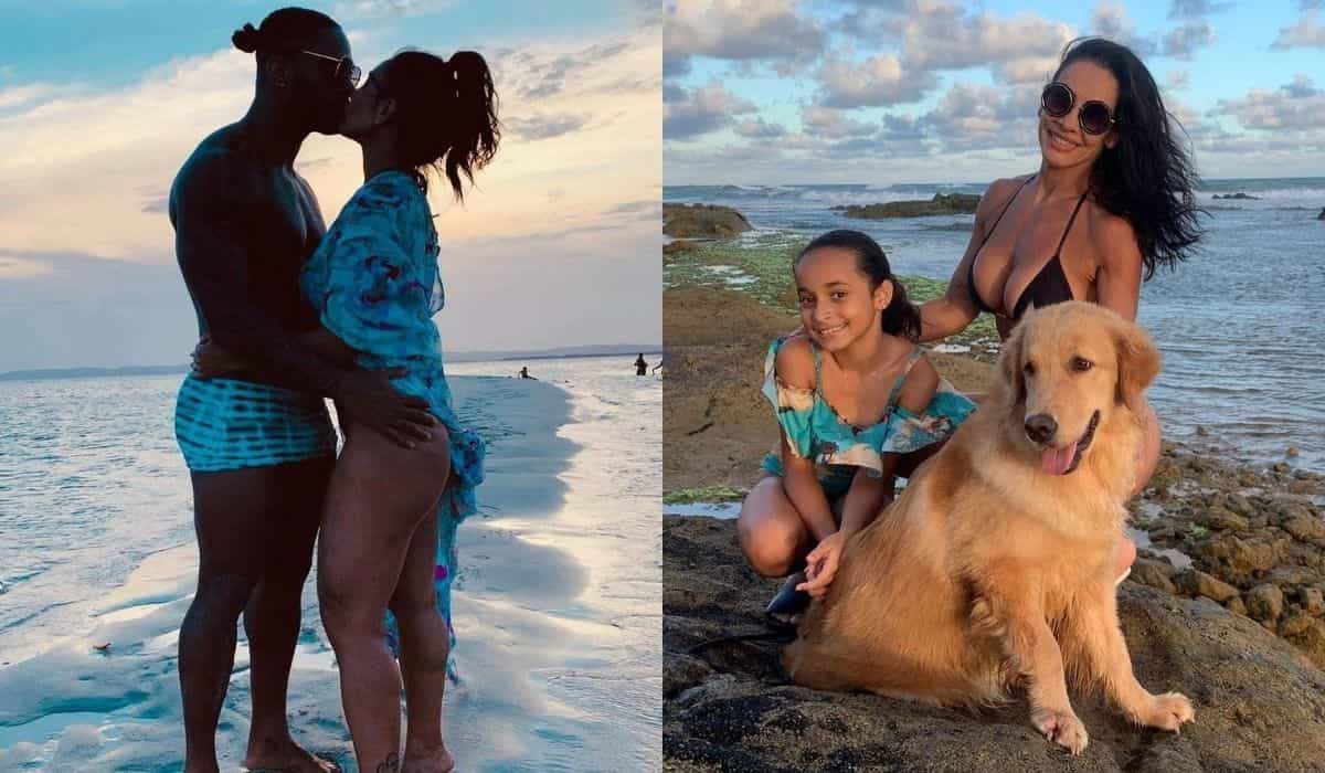 Scheila Carvalho posa com a família na praia: 'programação favorita'