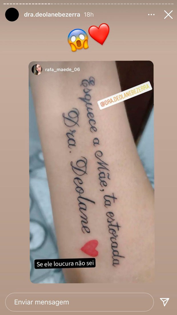 Fã faz tatuagem em homenagem a Deolane e web repara em erro na frase (Foto: Reprodução/Instagram)