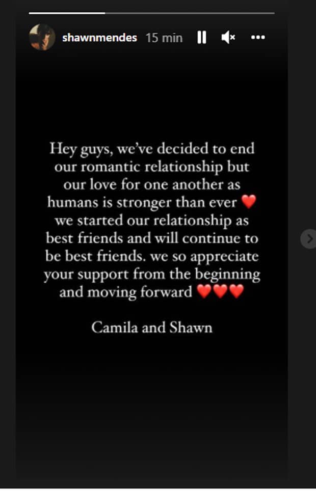 Shawn Mendes e Camila Cabello anunciam o fim do namoro (Foto: Reprodução/Instagram)