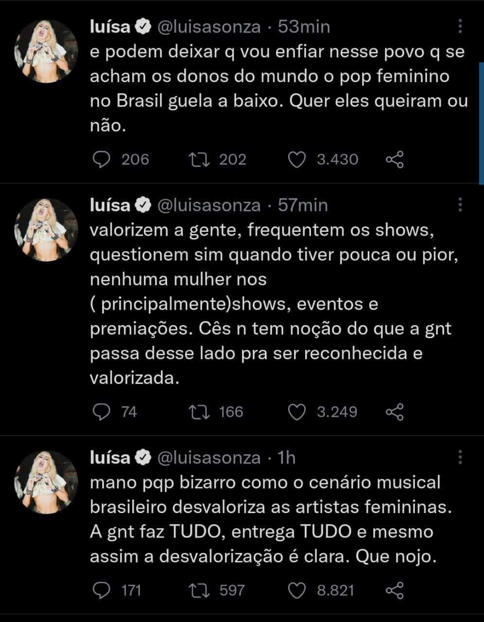 Luísa Sonza sobre desvalorização das mulheres no pop brasileiro: 'nojo' (Foto: Reprodução/Instagram)