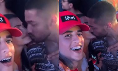 Bil Araújo e Marina Ferrari são flagrados trocando beijos no Natal da Vila