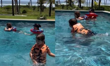 Andressa Suita curte piscina com os filhos em viagem pela Bahia