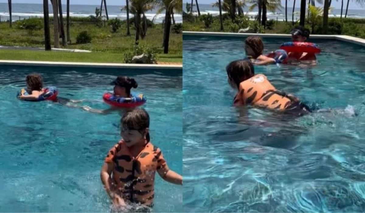 Andressa Suita curte piscina com os filhos em viagem pela Bahia