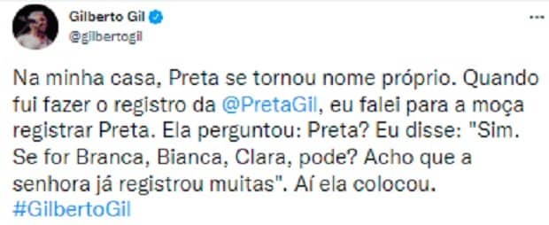 Gilberto Gil revela que foi questionado no cartório sobre nome de Preta Gil (Foto: Reprodução/Instagram)