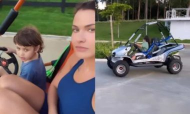 Andressa Suita exibe filhos dirigindo buggy de R$ 24 mil: 'pilotam demais'