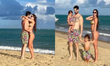 Romana Novais e Alok curtem passeio na praia com os filhos