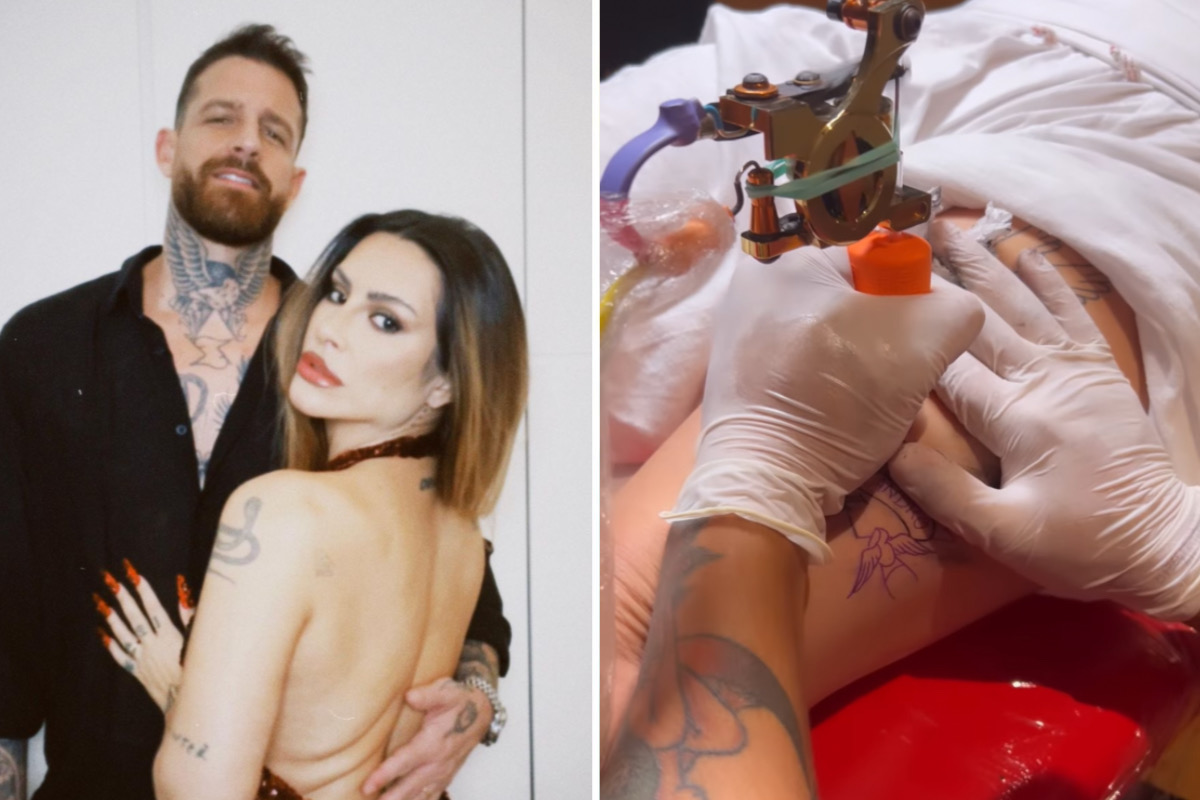 Cleo faz tatuagem com nome do marido na coxa