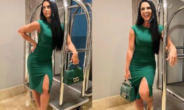 Graciele Lacerda posa com look verde e ostenta bolsa de grife para jantar