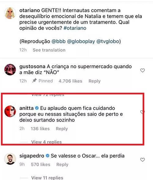 Anitta sobre crise de Natália em festa no BBB: 'deixo surtando sozinho' (Foto: Reprodução/Instagram)