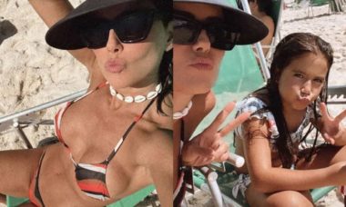 Deborah Secco curte dia de sol com a filha em praia do Rio: 'eu e ela'