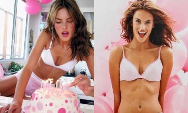 Alessandra Ambrosio posa de lingerie com bolo de aniversário