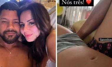 Viviane Araújo exibe barriga de gravidez ao lado do marido: 'nós três'