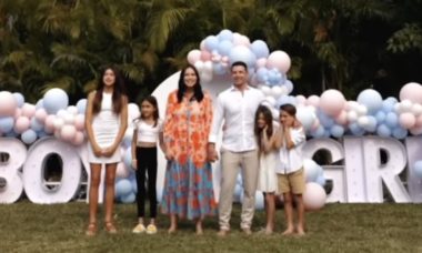 Grávida, Adriana Lima faz chá revelação do terceiro filho