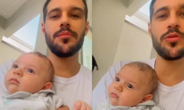 Rodrigo Mussi posa com o sobrinho pela primeira vez após acidente