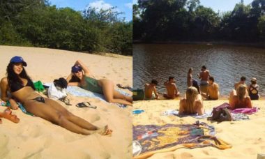 Elenco de 'Pantanal' posa nos bastidores curtindo 'prainha' em dia de folga