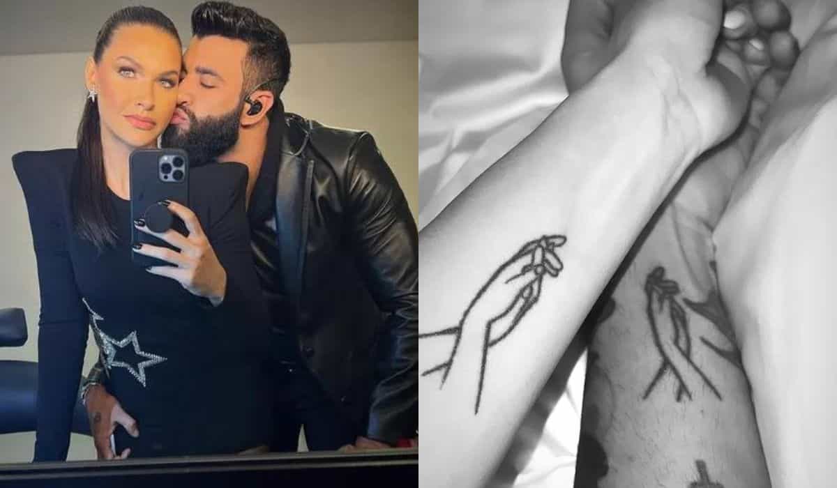 Andressa Suita e Gusttavo Lima posam combinando tattoo no braço