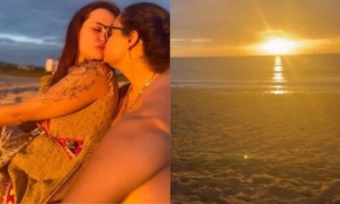 Marcela McGowan e Luiza trocam beijos ao admirar o pôr do sol no Ceará