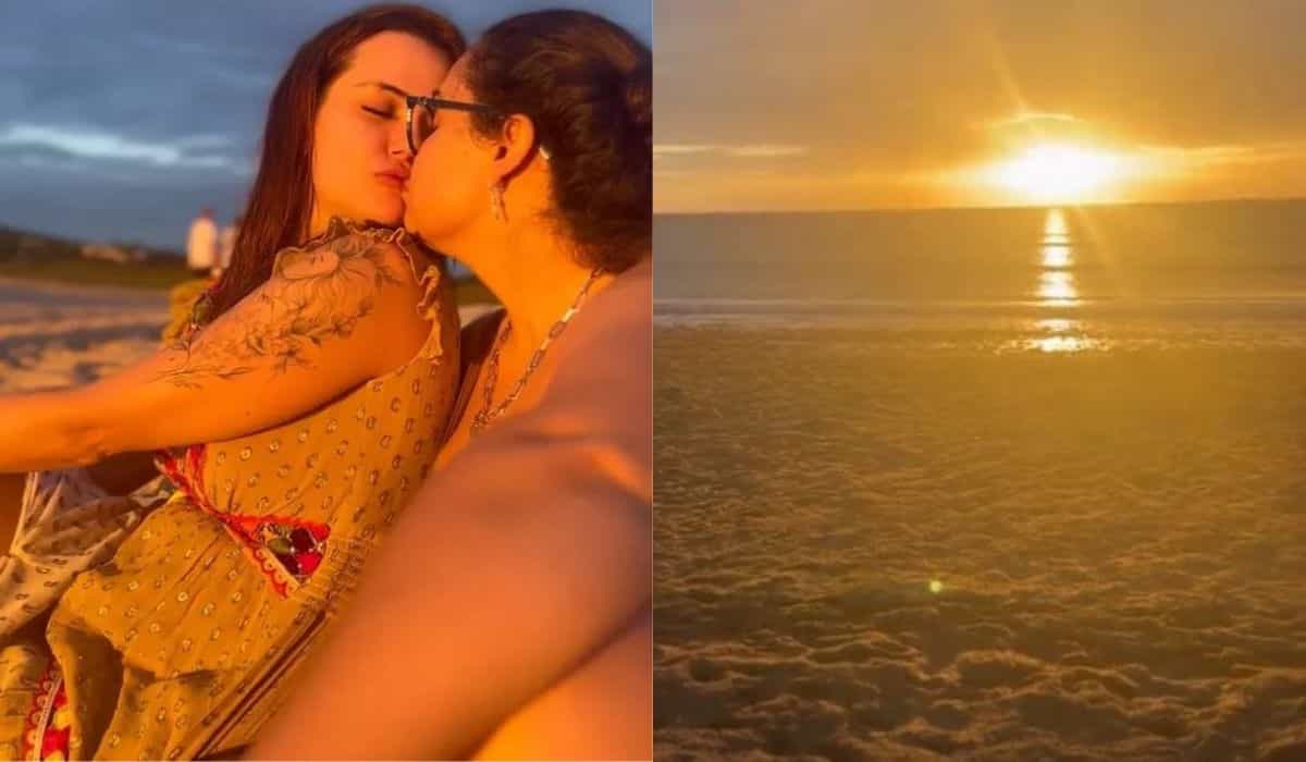 Marcela McGowan e Luiza trocam beijos ao admirar o pôr do sol no Ceará