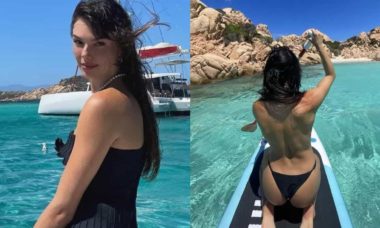 Isis Valverde faz 'stand up paddle' de topless em viagem pela Itália
