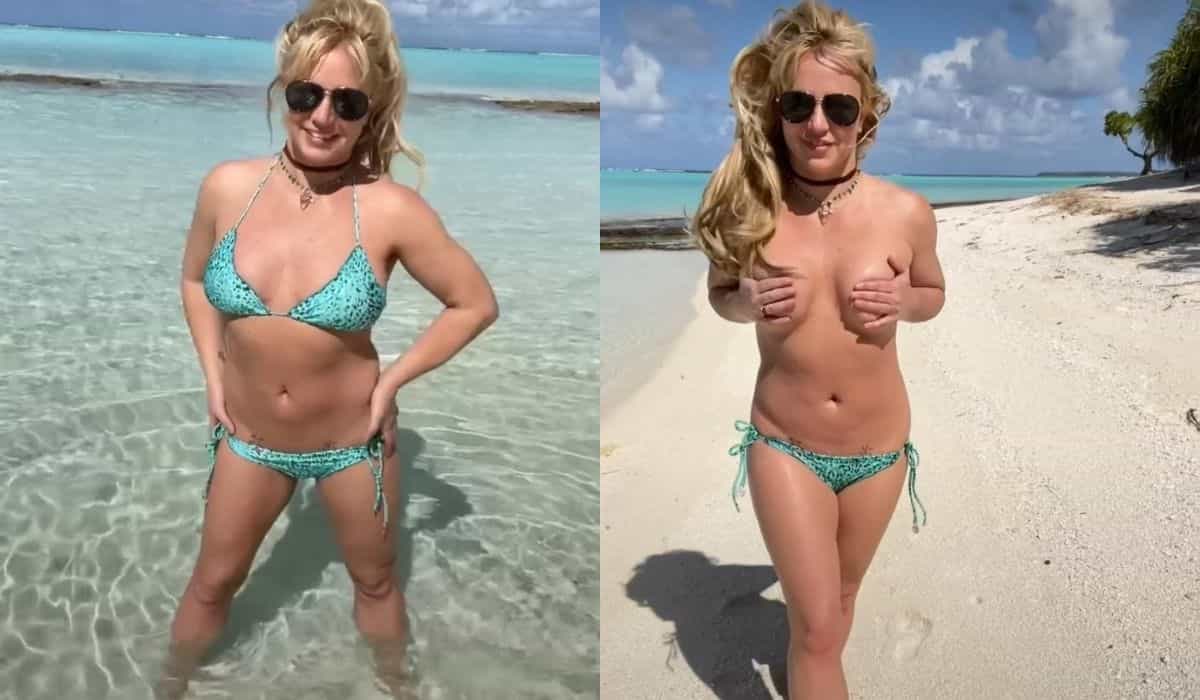 Britney Spears surge fazendo topless em praia durante a lua de mel