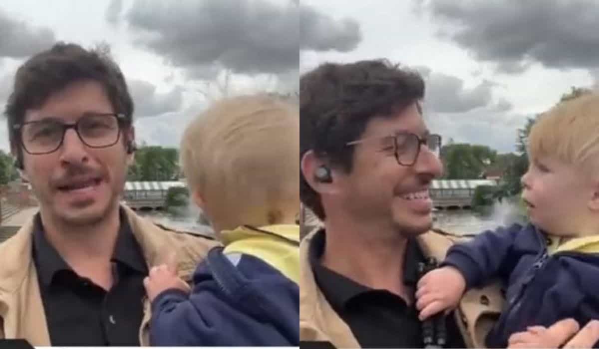 Vídeo fofo! Repórter viraliza na web ao entrar ao vivo com o filho no colo