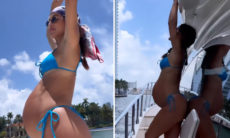 Camila Coelho exibe barriga de 9 meses de gravidez em passeio de barco