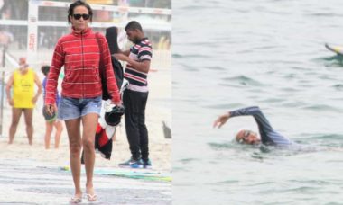 Andréa Beltrão nada em alto mar na praia de Copacabana