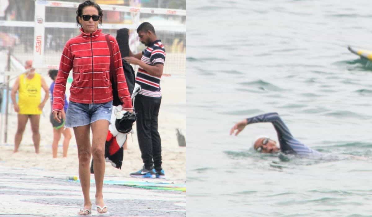Andréa Beltrão nada em alto mar na praia de Copacabana
