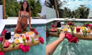 Bruna Biancardi curte café na piscina em viagem pelo Alagoas