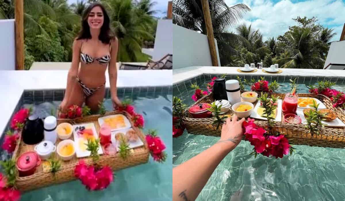 Bruna Biancardi curte café na piscina em viagem pelo Alagoas