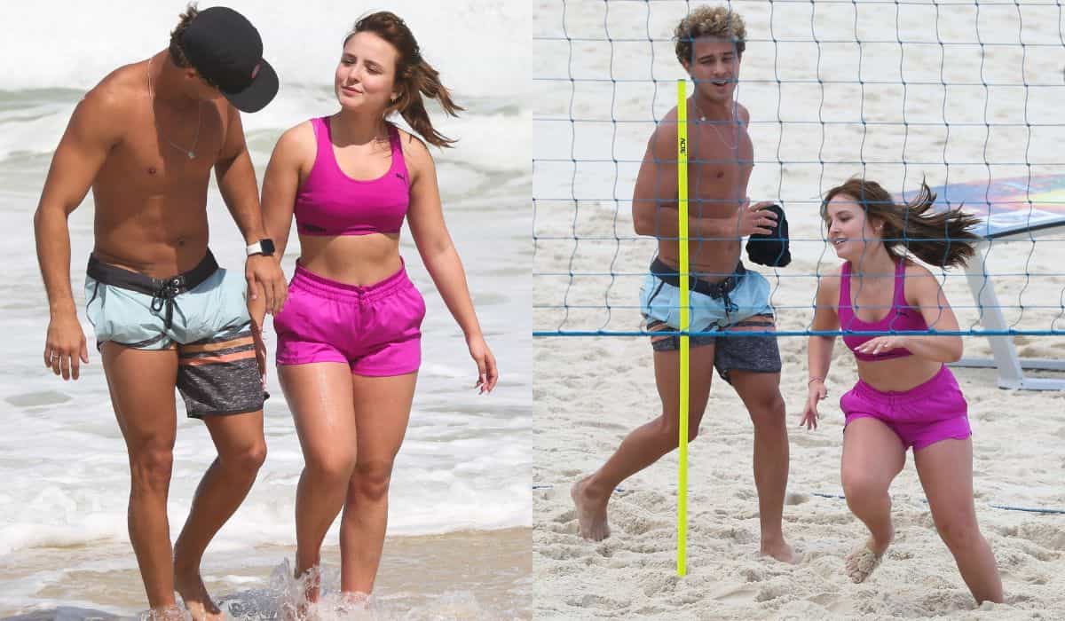 Larissa Manoela e André Frambach treinam juntos em praia do Rio