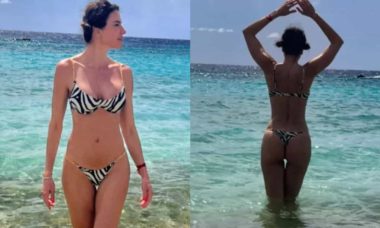Luciana Gimenez surge com biquíni fio-dental em praia do Caribe