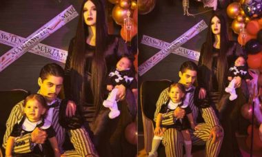 Virginia e Zé Felipe posam com as filhas fantasiados de 'Família Addams'