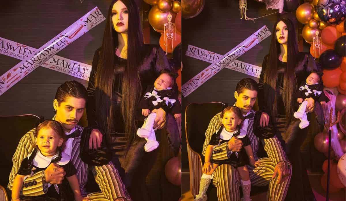 Virginia e Zé Felipe posam com as filhas fantasiados de 'Família Addams'