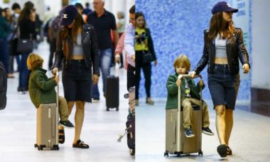 Isis Valverde desembarca em aeroporto do Rio com o filho, Rael