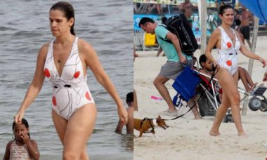 Ingrid Guimarães curte dia de sol na praia com cachorrinho