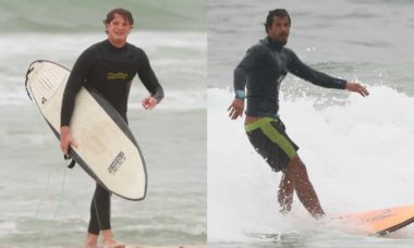 Filhos de Marcello Novaes surfam juntos na praia da Barra