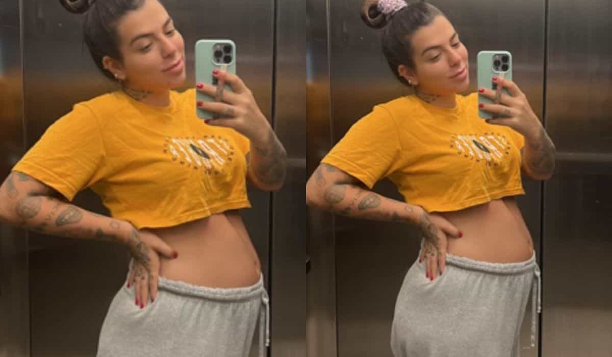 Petra Mattar exibe barriguinha de gravidez no elevador