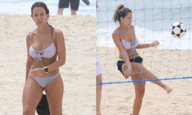 Barbara Coelho joga futevôlei ao curtir de dia de praia no RJ